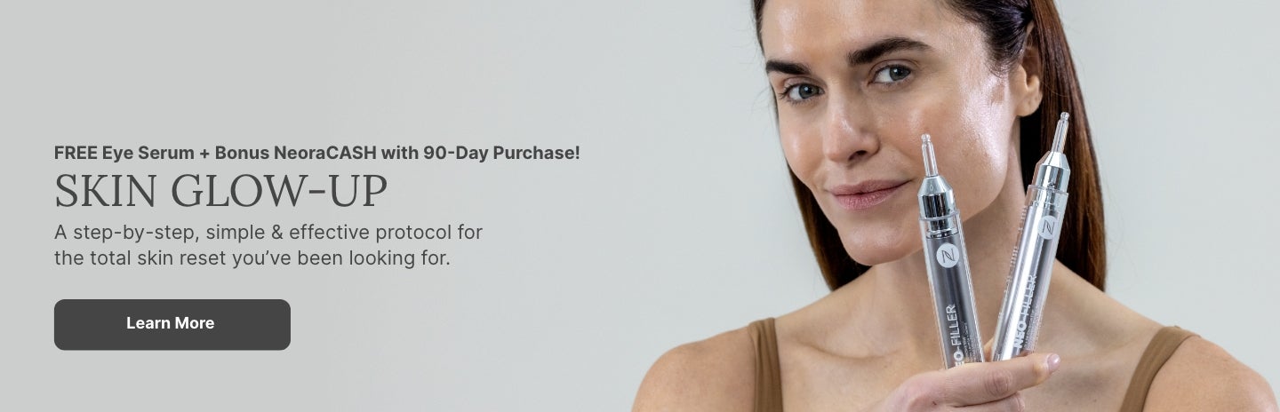 A woman holds a Neo-FILLER tube to her face. Accompanying text mentions you can more learn more about a 90-Day Skin Glow-Up.